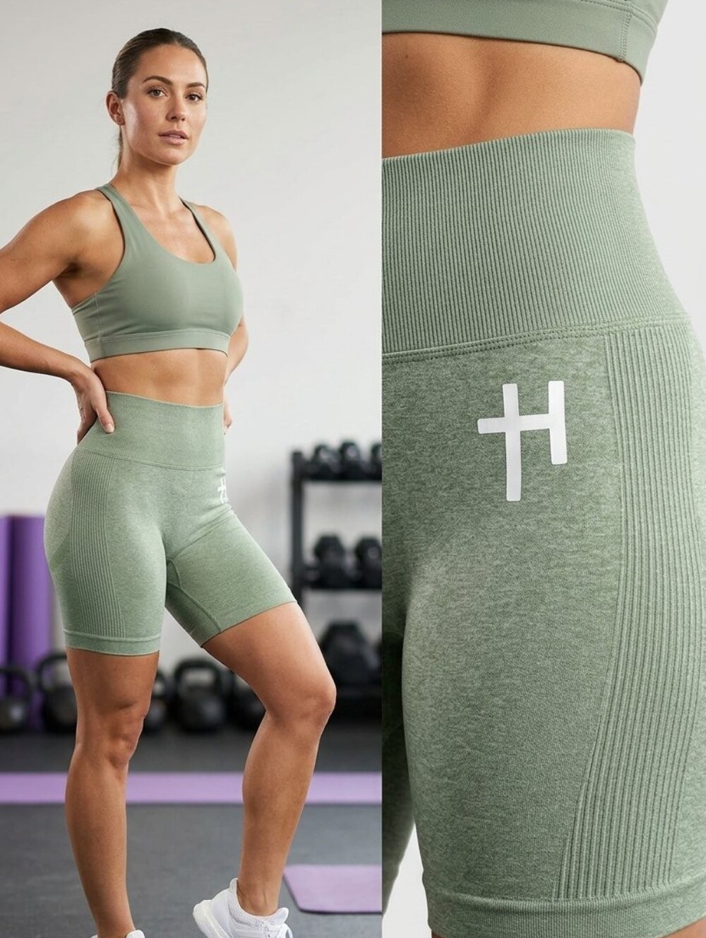 High-Rise Sage Green Seamless Bike Shorts with Subtle Logo • Size XS